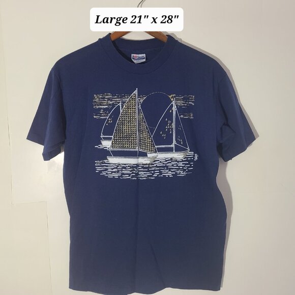 Vtg 1990 Blue Sailboat Graphic Texture Gold Sail Large T-Shirt Single Stitch USA - Picture 1 of 7